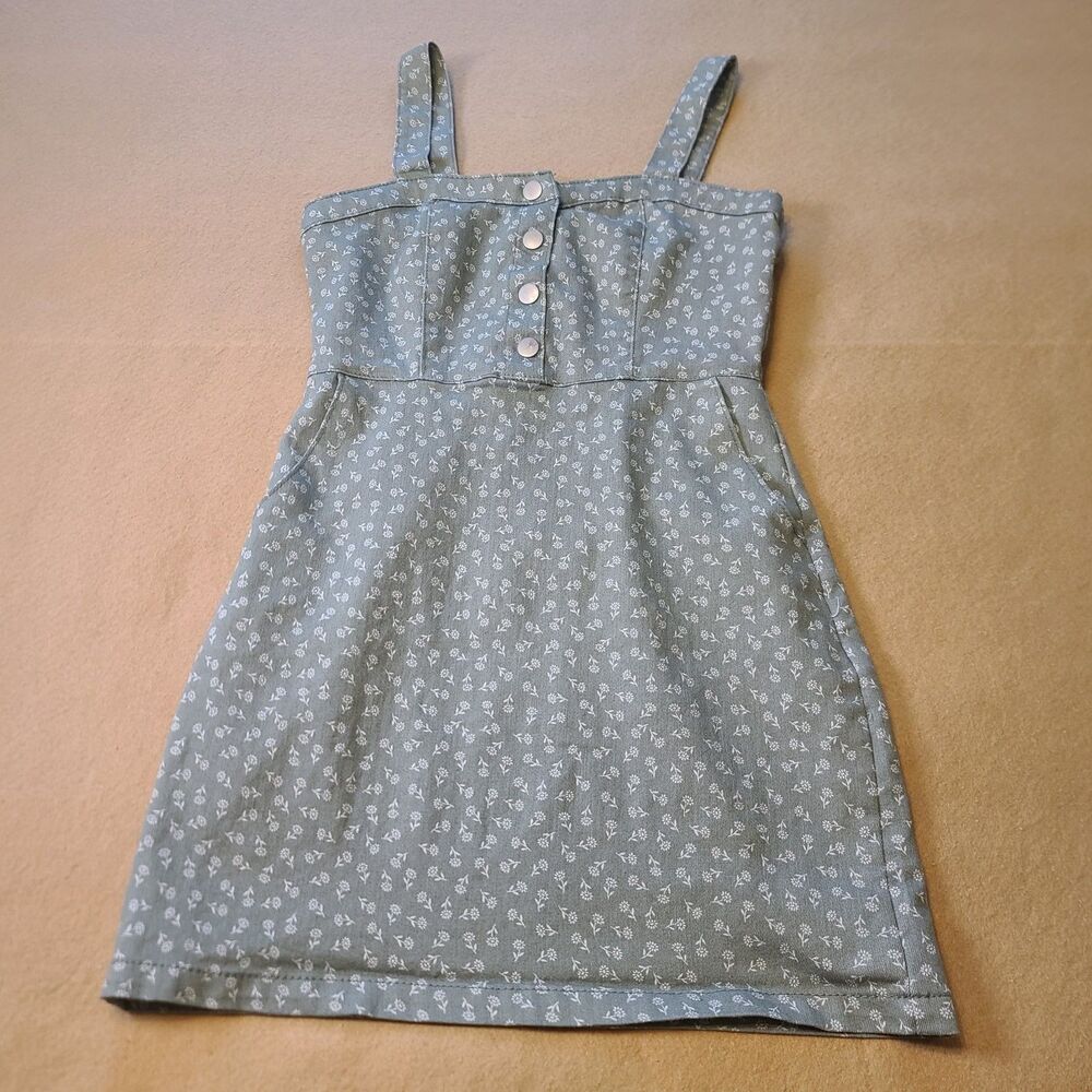 No Boundaries JRS Green/White  Floral Print Pinafore Overalls Dress Sz M (7-9)